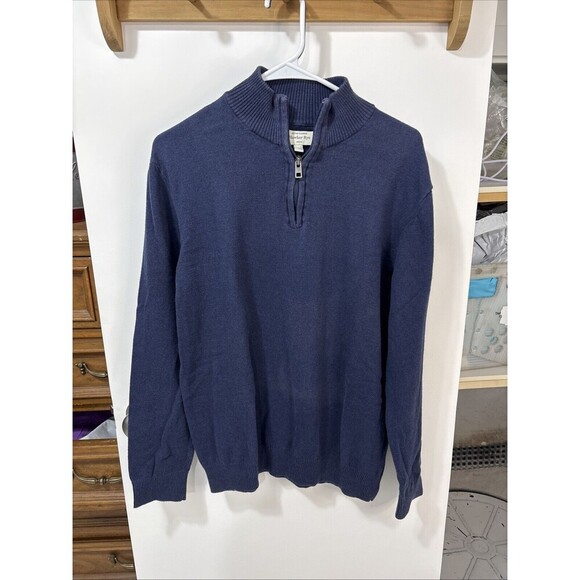 Hawker Rye Mens Navy Cotton Cashmere Blend Sweater Size Large 1/4 Zip Mock Neck - Picture 1 of 8